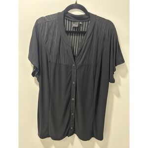 Elie McCarthy Woman Black Short Sleeve Button Up Blouse 3X Textured Stripe Yoke